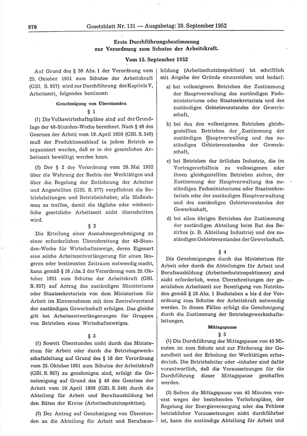 Gesetzblatt (GBl.) der Deutschen Demokratischen Republik (DDR) 1952, Seite 870 (GBl. DDR 1952, S. 870)