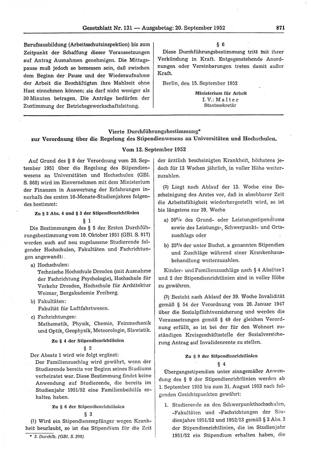 Gesetzblatt (GBl.) der Deutschen Demokratischen Republik (DDR) 1952, Seite 871 (GBl. DDR 1952, S. 871)