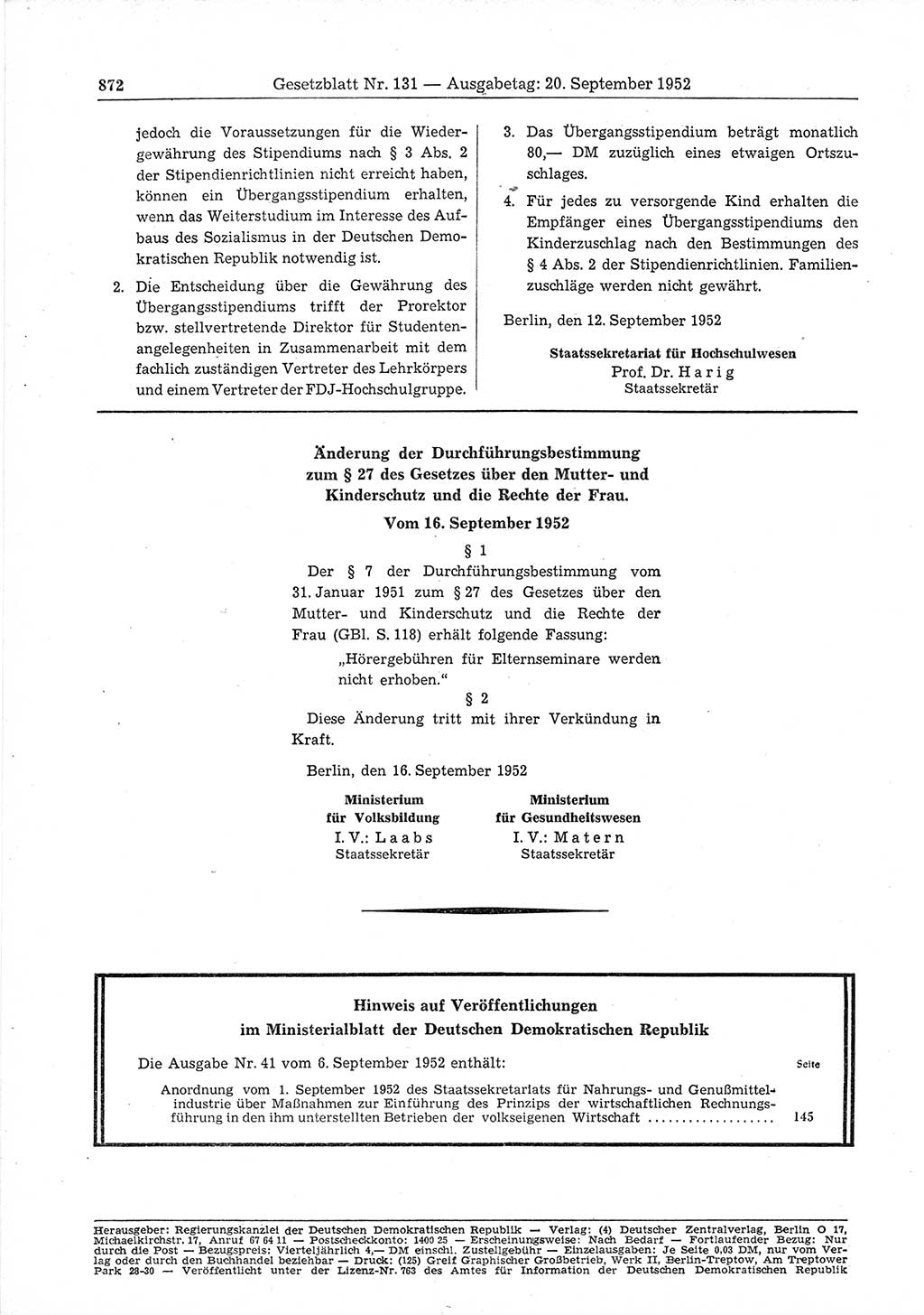 Gesetzblatt (GBl.) der Deutschen Demokratischen Republik (DDR) 1952, Seite 872 (GBl. DDR 1952, S. 872)