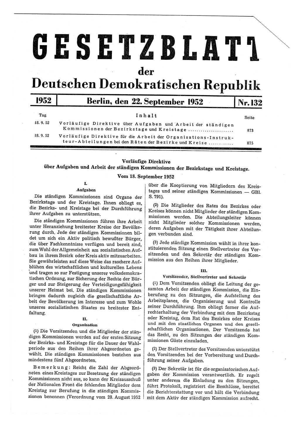 Gesetzblatt (GBl.) der Deutschen Demokratischen Republik (DDR) 1952, Seite 873 (GBl. DDR 1952, S. 873)