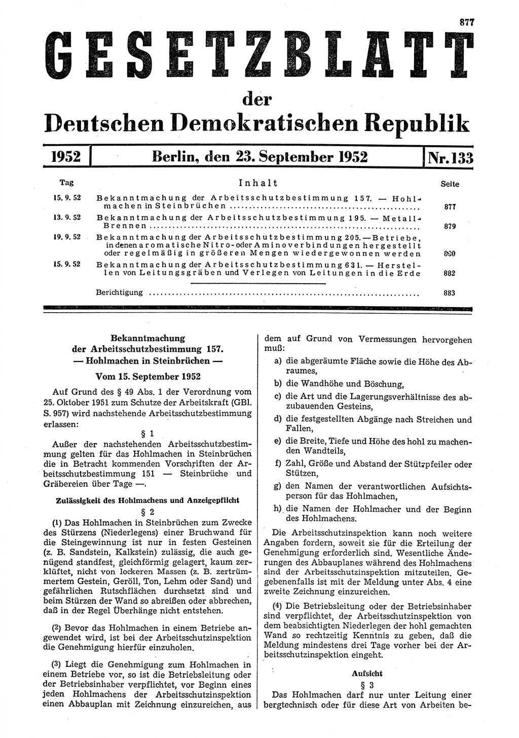 Gesetzblatt (GBl.) der Deutschen Demokratischen Republik (DDR) 1952, Seite 877 (GBl. DDR 1952, S. 877)