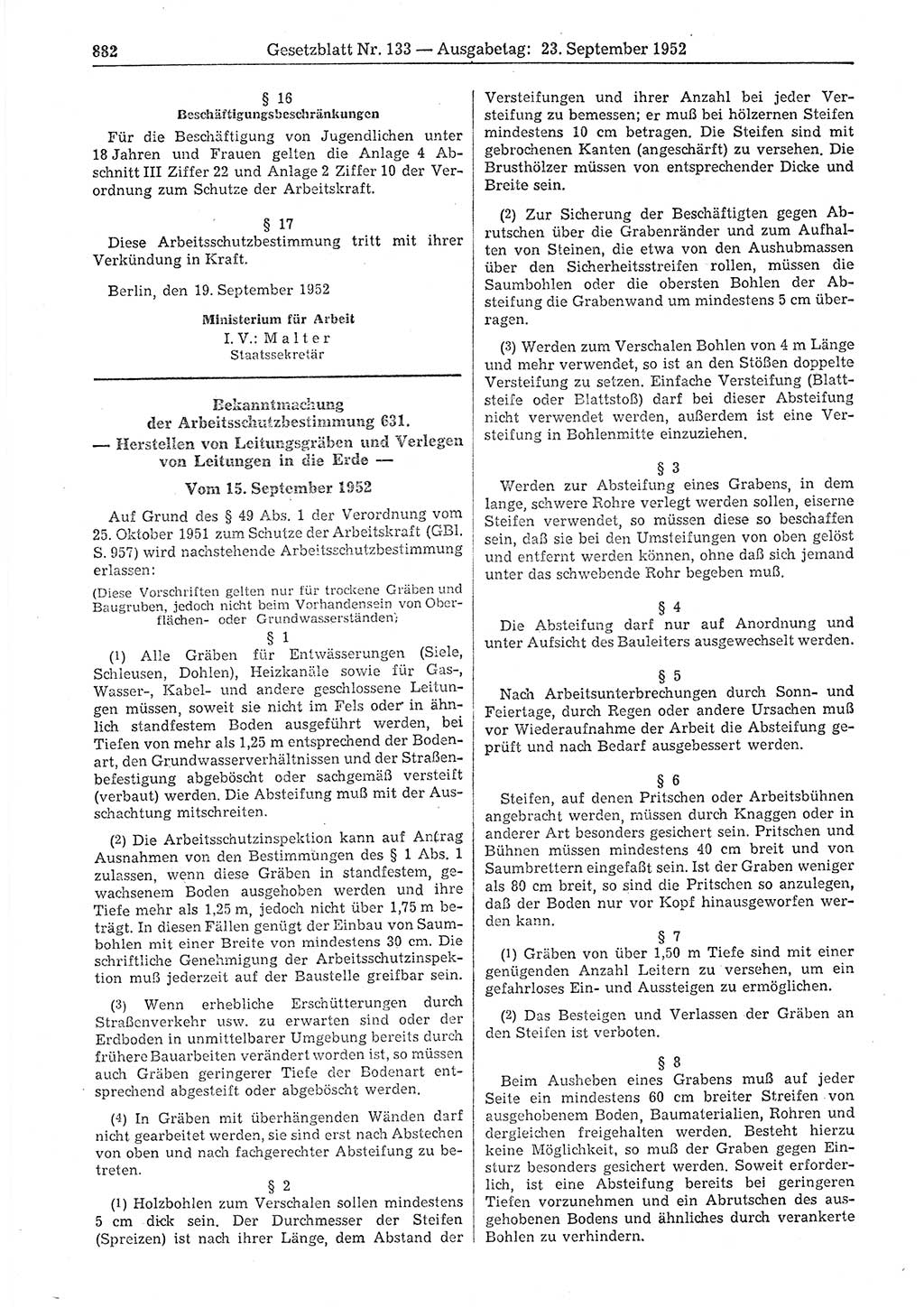 Gesetzblatt (GBl.) der Deutschen Demokratischen Republik (DDR) 1952, Seite 882 (GBl. DDR 1952, S. 882)