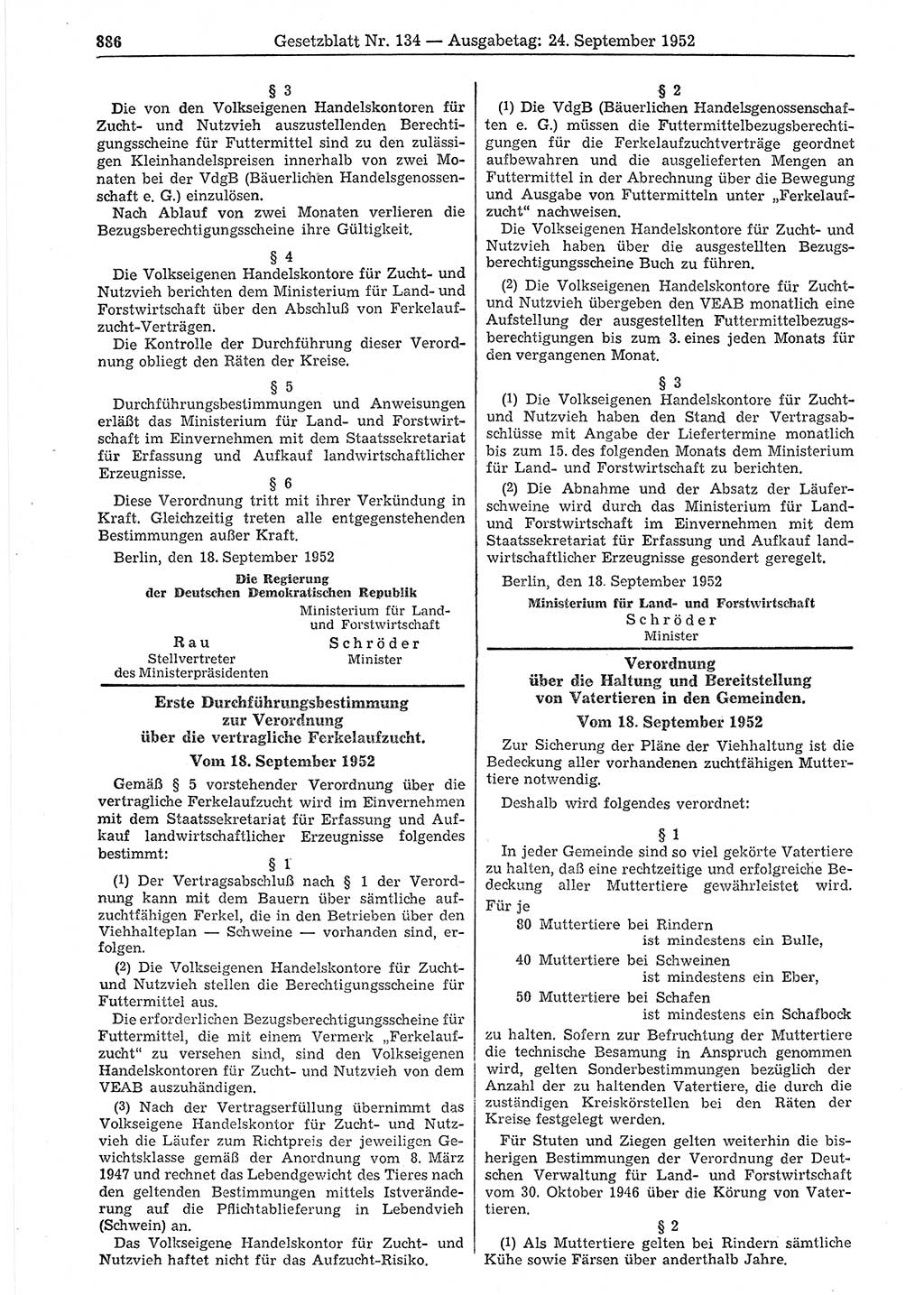 Gesetzblatt (GBl.) der Deutschen Demokratischen Republik (DDR) 1952, Seite 886 (GBl. DDR 1952, S. 886)