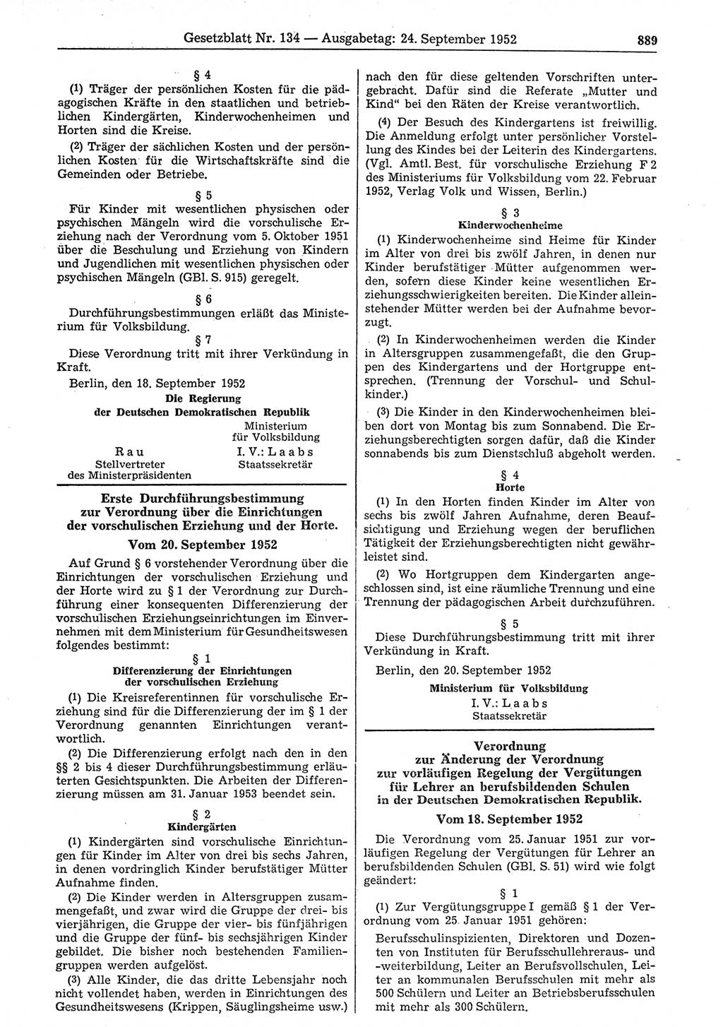 Gesetzblatt (GBl.) der Deutschen Demokratischen Republik (DDR) 1952, Seite 889 (GBl. DDR 1952, S. 889)