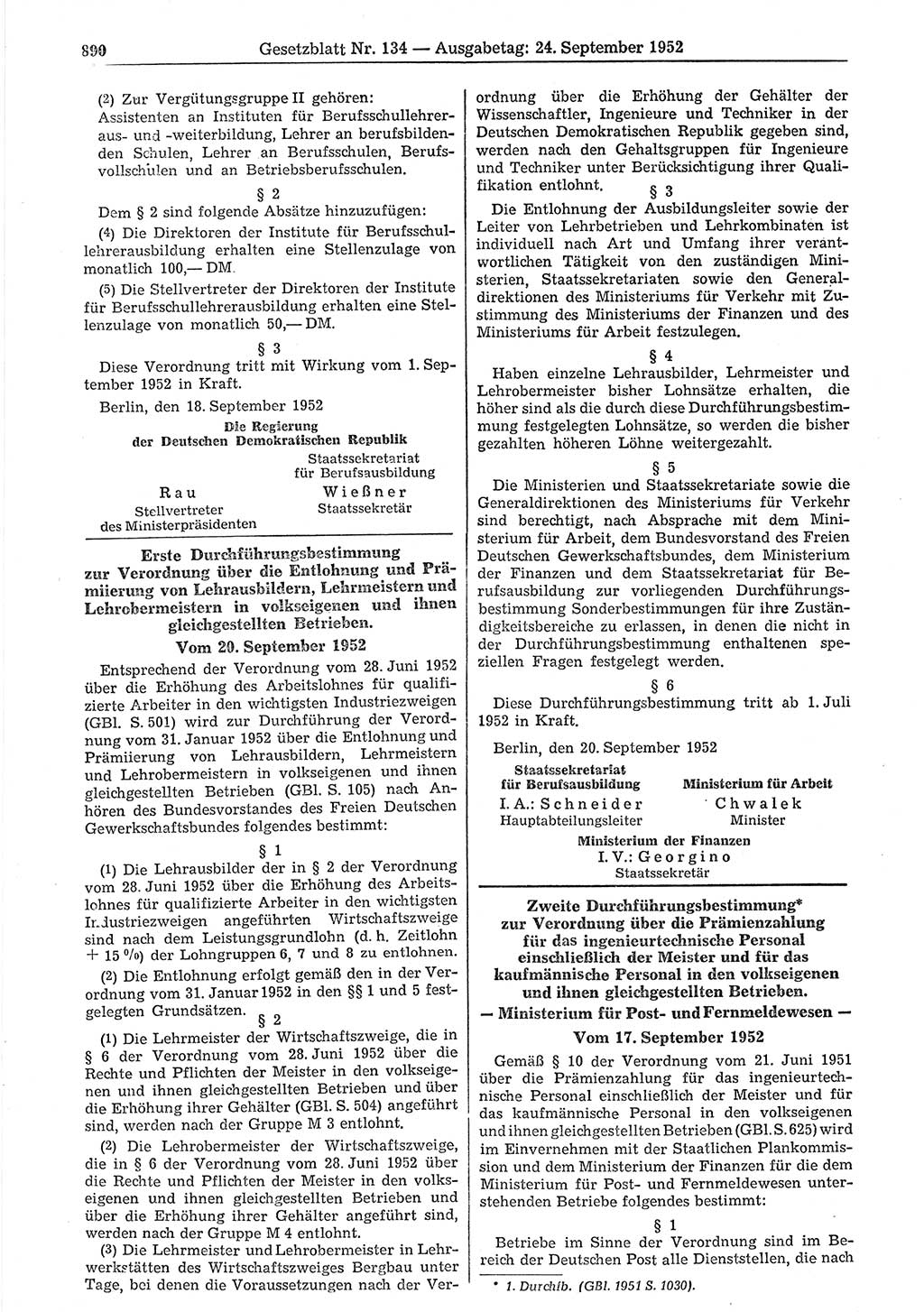 Gesetzblatt (GBl.) der Deutschen Demokratischen Republik (DDR) 1952, Seite 890 (GBl. DDR 1952, S. 890)