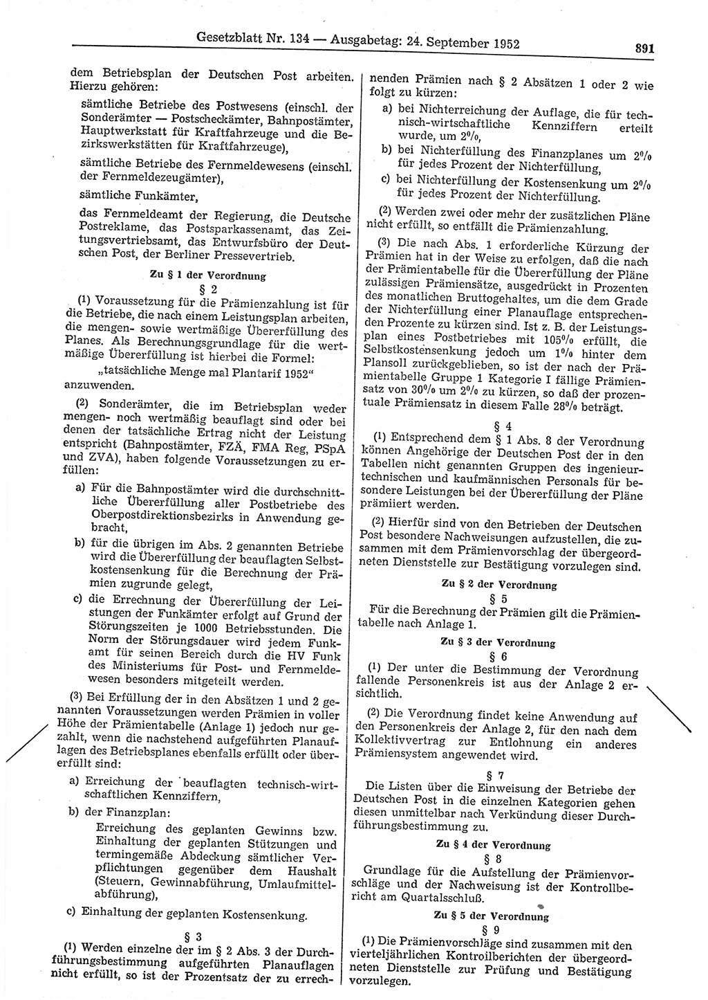 Gesetzblatt (GBl.) der Deutschen Demokratischen Republik (DDR) 1952, Seite 891 (GBl. DDR 1952, S. 891)