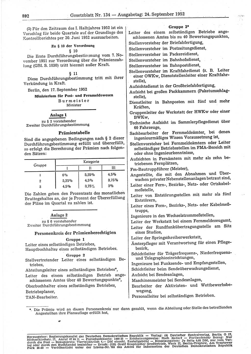 Gesetzblatt (GBl.) der Deutschen Demokratischen Republik (DDR) 1952, Seite 892 (GBl. DDR 1952, S. 892)