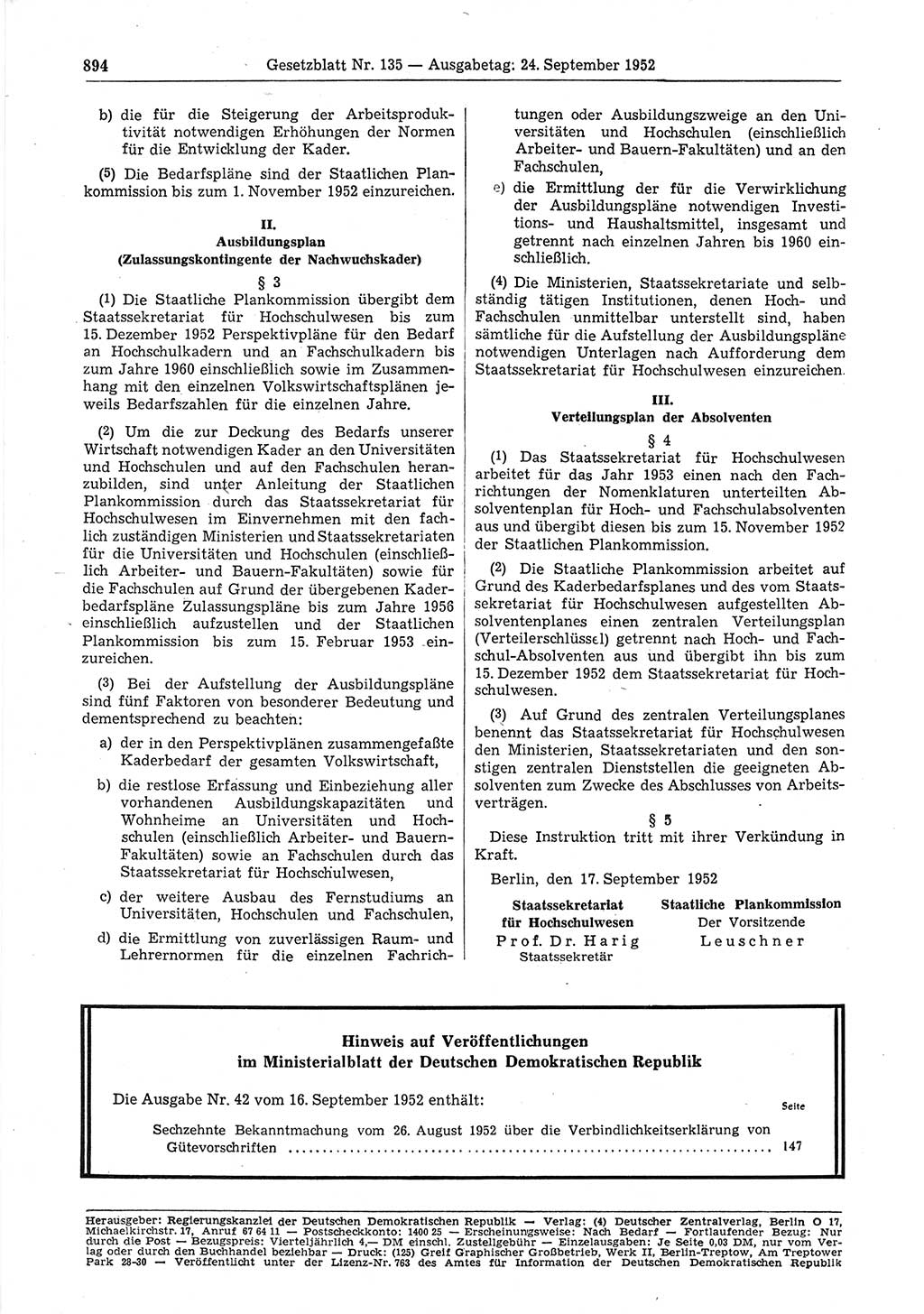 Gesetzblatt (GBl.) der Deutschen Demokratischen Republik (DDR) 1952, Seite 894 (GBl. DDR 1952, S. 894)