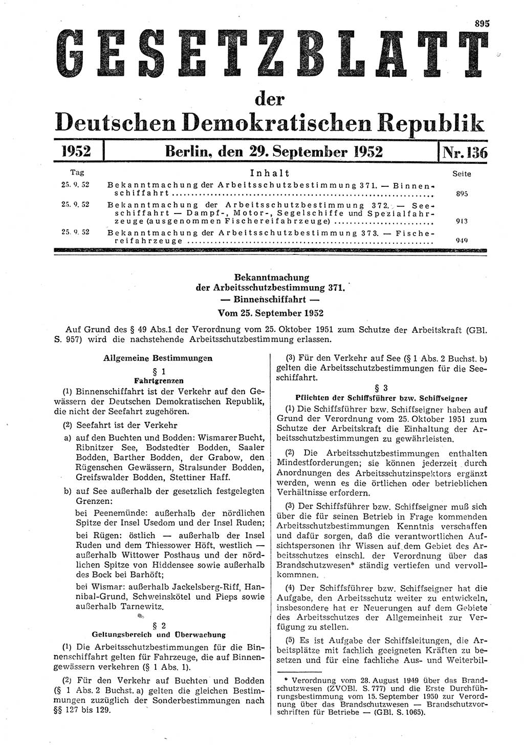 Gesetzblatt (GBl.) der Deutschen Demokratischen Republik (DDR) 1952, Seite 895 (GBl. DDR 1952, S. 895)