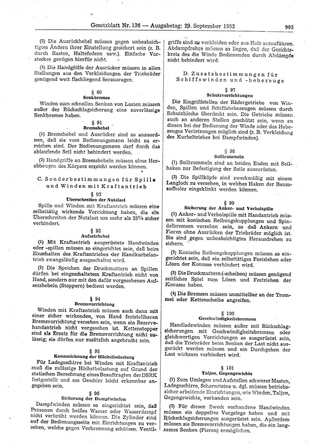 Gesetzblatt (GBl.) der Deutschen Demokratischen Republik (DDR) 1952, Seite 905 (GBl. DDR 1952, S. 905)