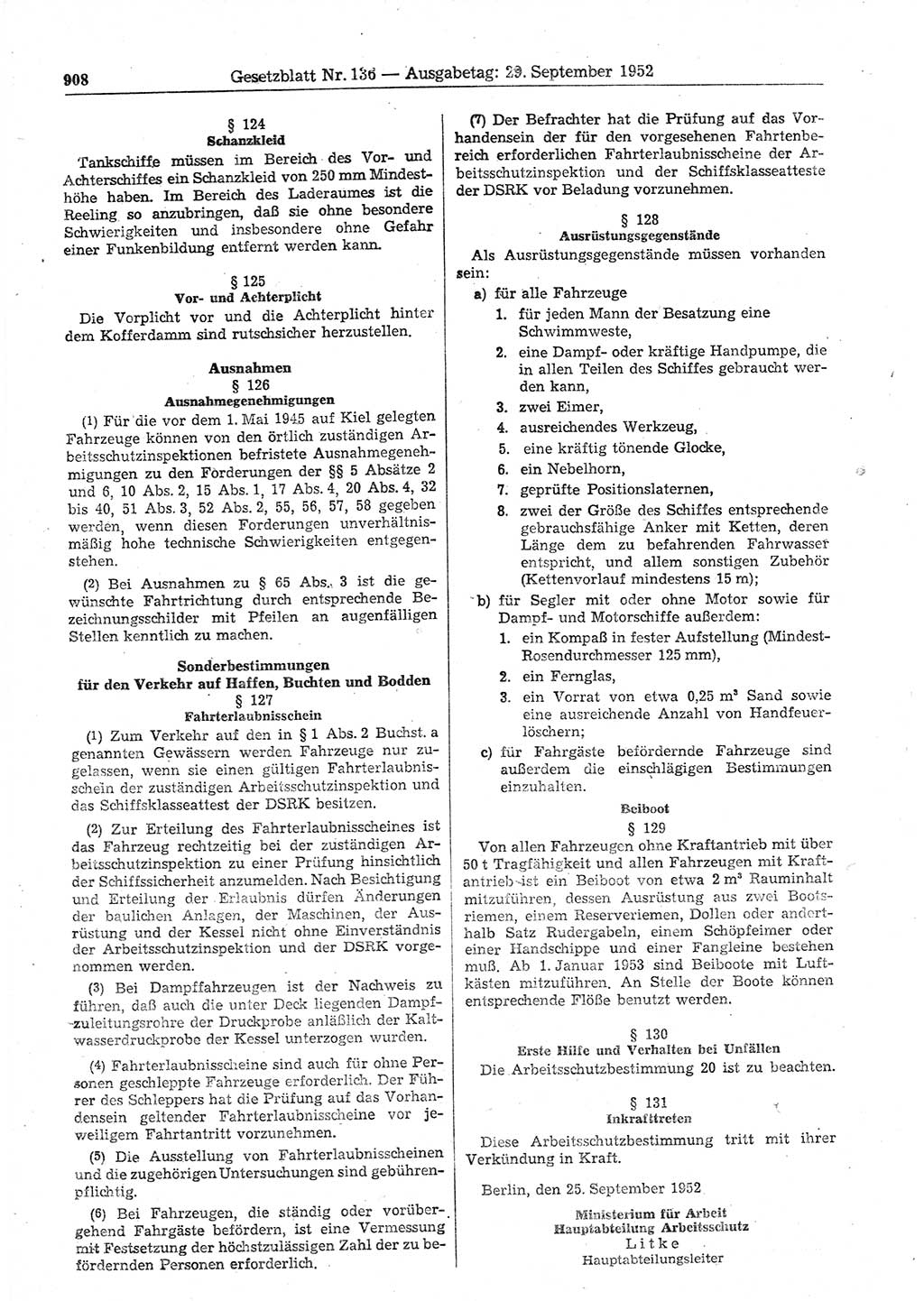 Gesetzblatt (GBl.) der Deutschen Demokratischen Republik (DDR) 1952, Seite 908 (GBl. DDR 1952, S. 908)