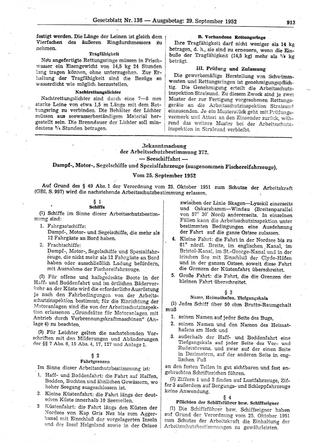 Gesetzblatt (GBl.) der Deutschen Demokratischen Republik (DDR) 1952, Seite 913 (GBl. DDR 1952, S. 913)