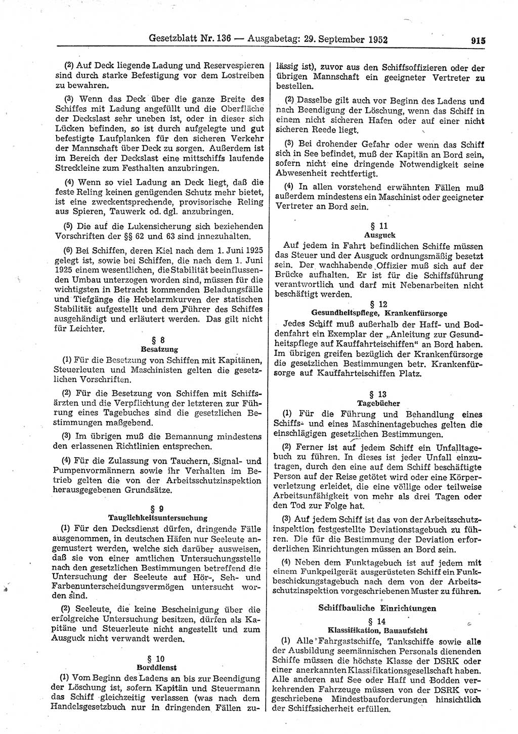 Gesetzblatt (GBl.) der Deutschen Demokratischen Republik (DDR) 1952, Seite 915 (GBl. DDR 1952, S. 915)