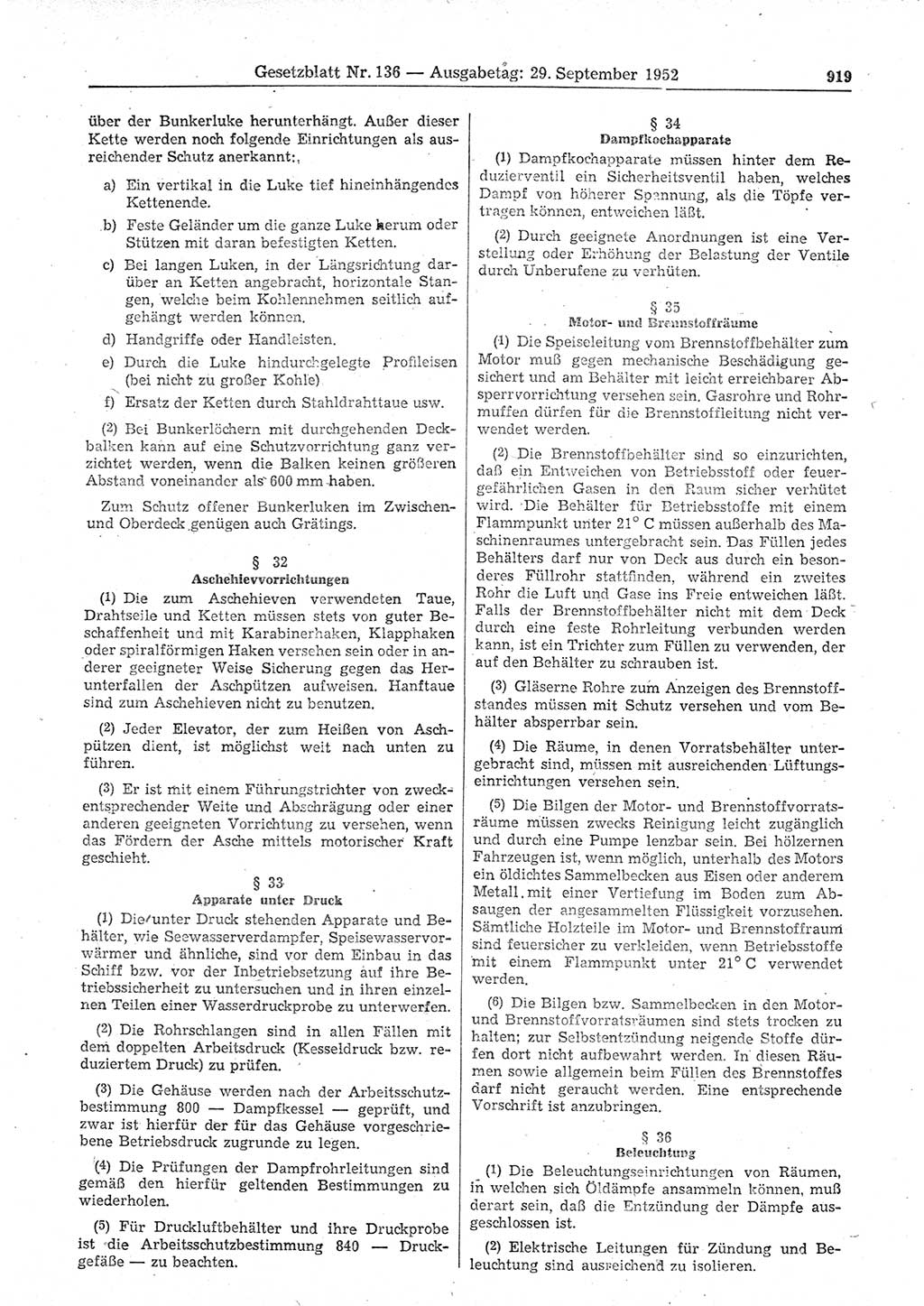 Gesetzblatt (GBl.) der Deutschen Demokratischen Republik (DDR) 1952, Seite 919 (GBl. DDR 1952, S. 919)