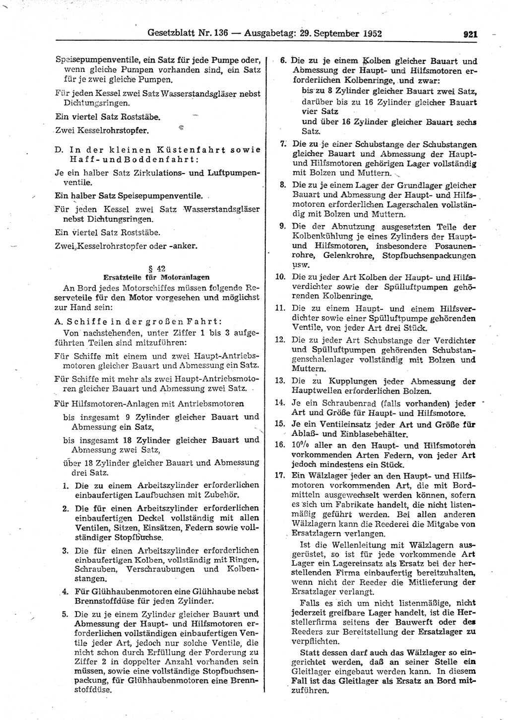 Gesetzblatt (GBl.) der Deutschen Demokratischen Republik (DDR) 1952, Seite 921 (GBl. DDR 1952, S. 921)