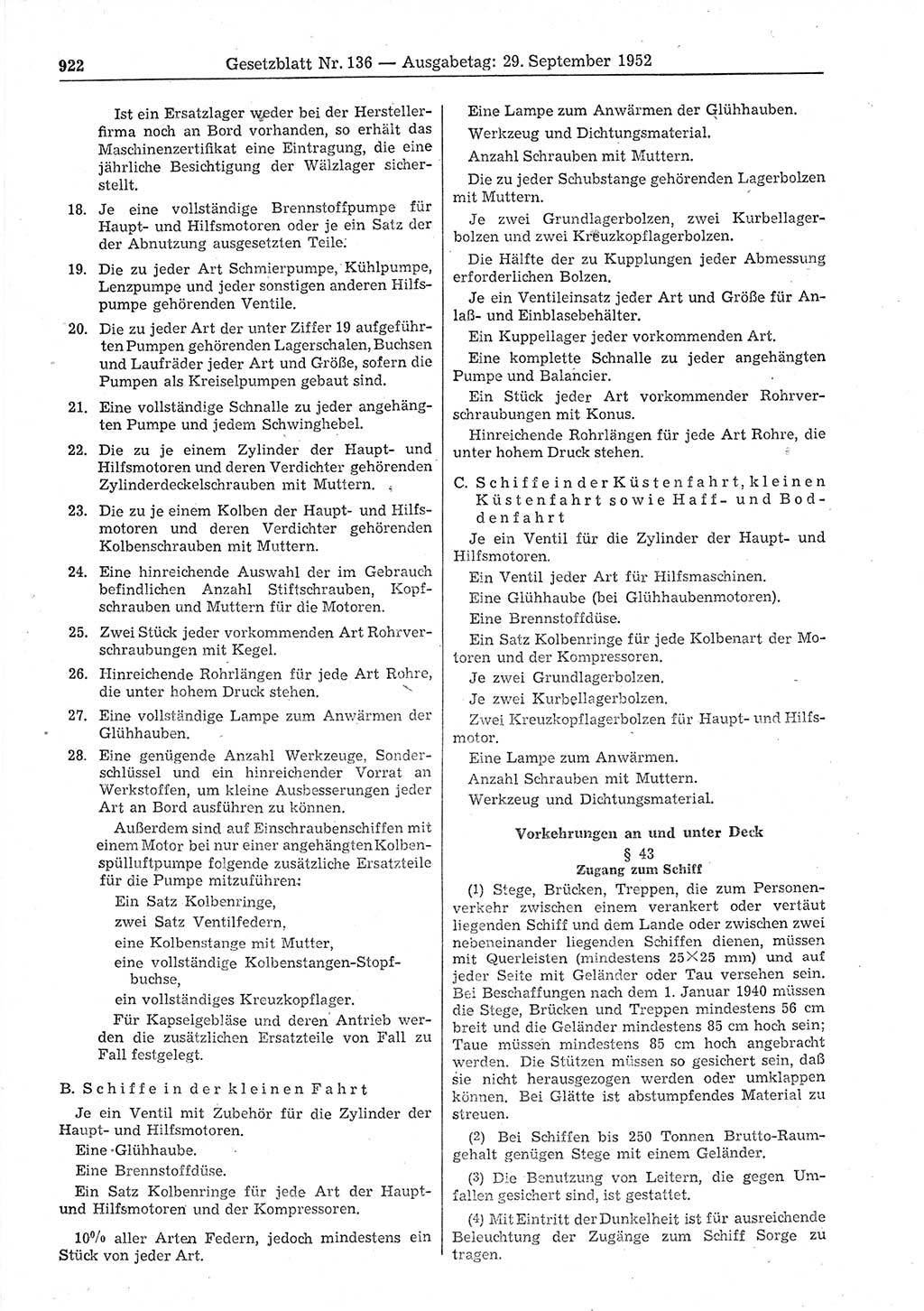 Gesetzblatt (GBl.) der Deutschen Demokratischen Republik (DDR) 1952, Seite 922 (GBl. DDR 1952, S. 922)
