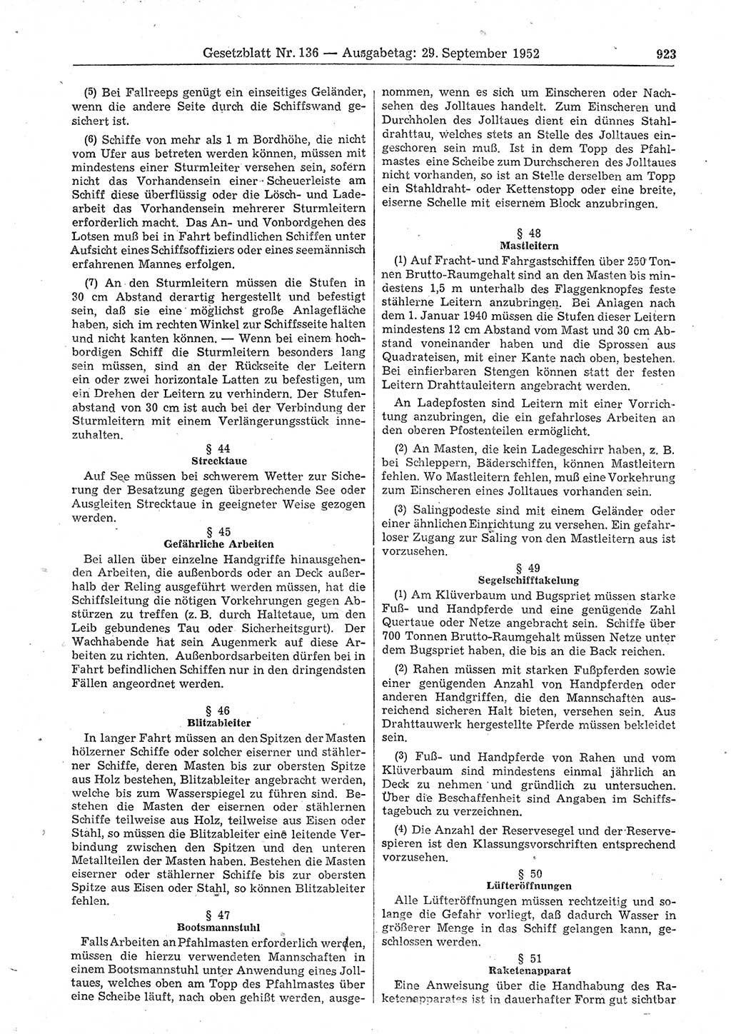 Gesetzblatt (GBl.) der Deutschen Demokratischen Republik (DDR) 1952, Seite 923 (GBl. DDR 1952, S. 923)