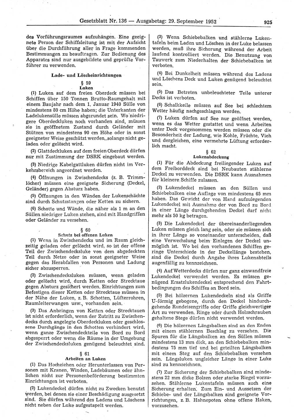 Gesetzblatt (GBl.) der Deutschen Demokratischen Republik (DDR) 1952, Seite 925 (GBl. DDR 1952, S. 925)