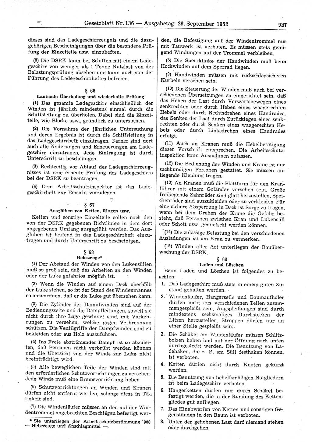 Gesetzblatt (GBl.) der Deutschen Demokratischen Republik (DDR) 1952, Seite 927 (GBl. DDR 1952, S. 927)