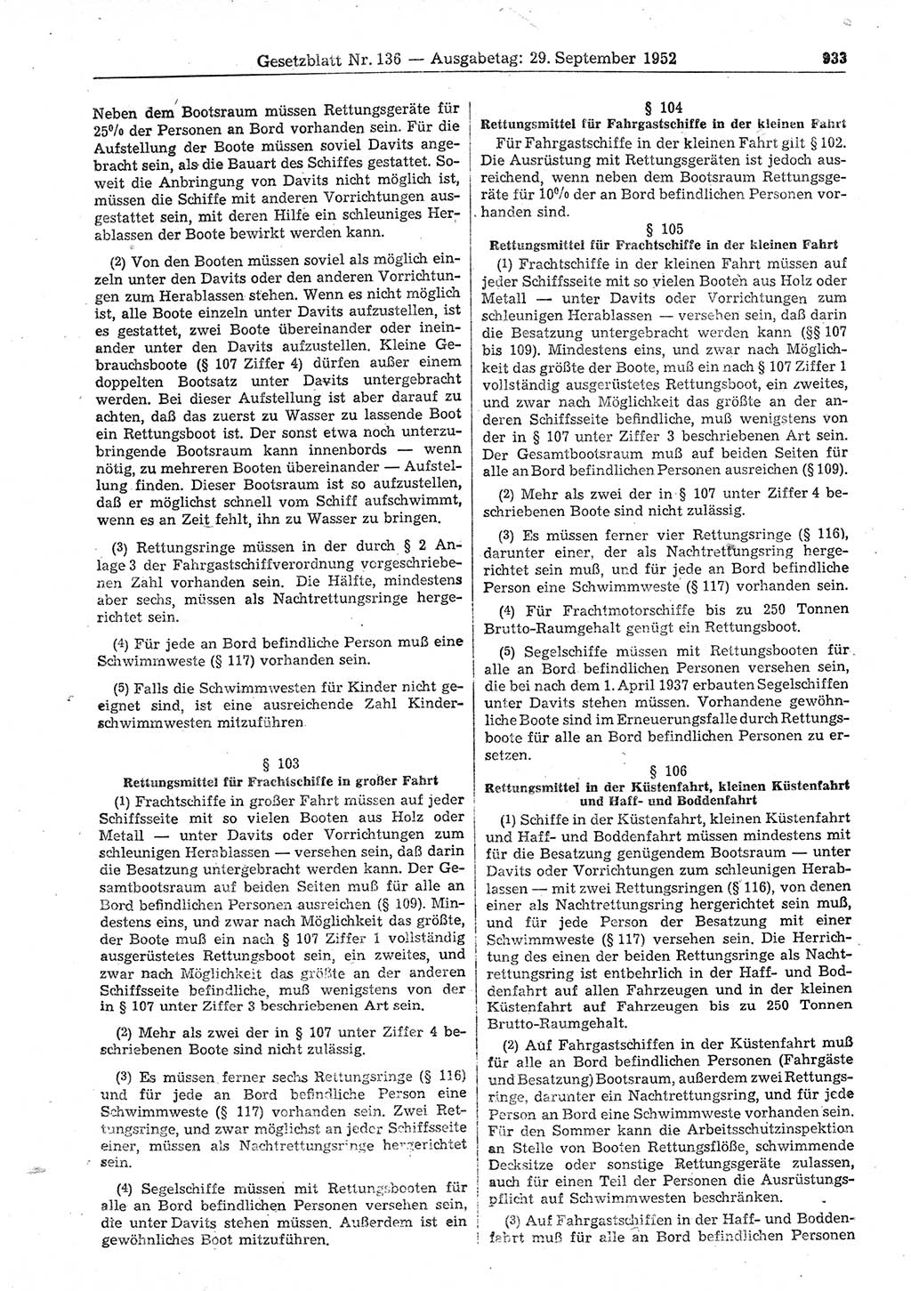 Gesetzblatt (GBl.) der Deutschen Demokratischen Republik (DDR) 1952, Seite 933 (GBl. DDR 1952, S. 933)