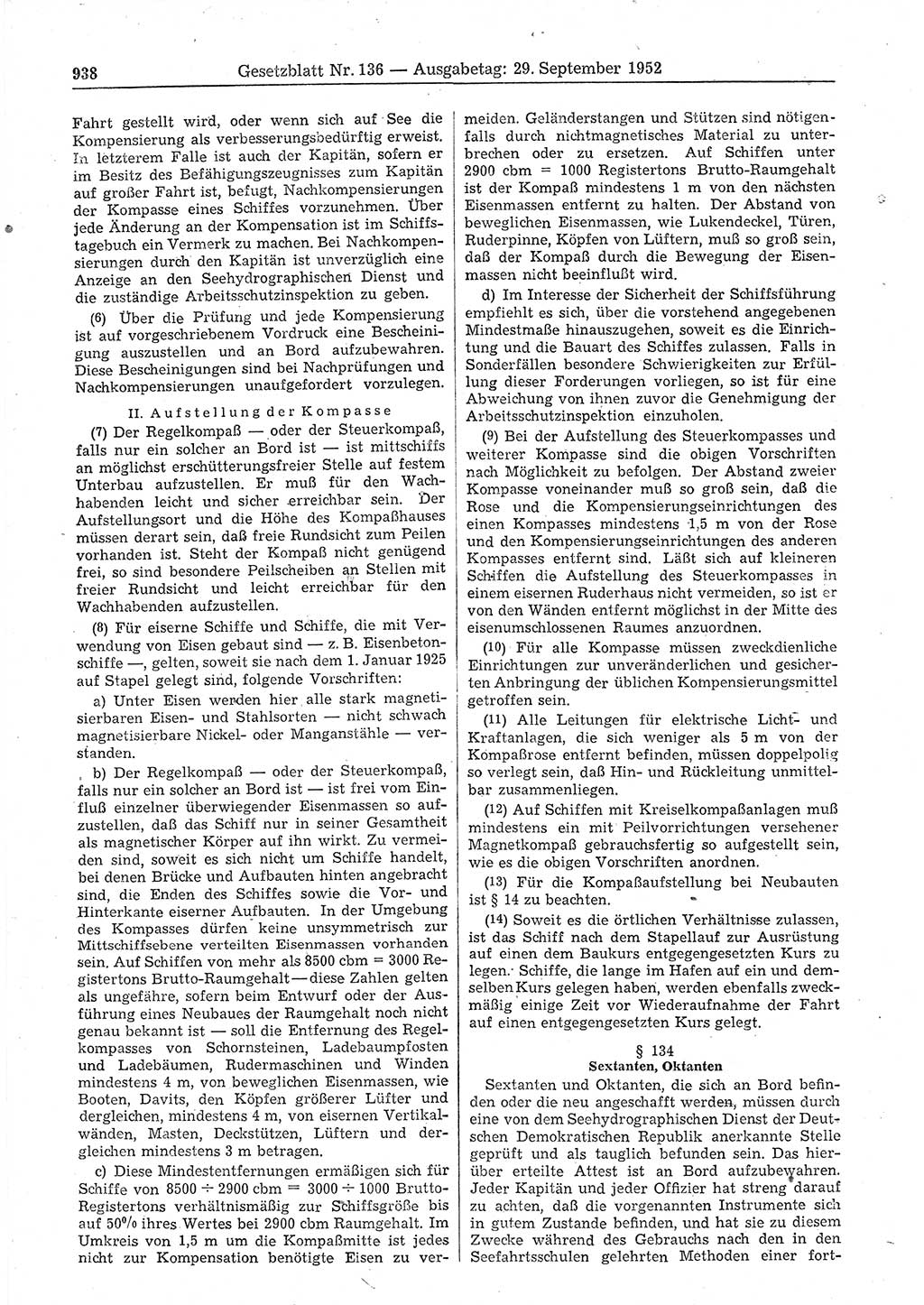 Gesetzblatt (GBl.) der Deutschen Demokratischen Republik (DDR) 1952, Seite 938 (GBl. DDR 1952, S. 938)
