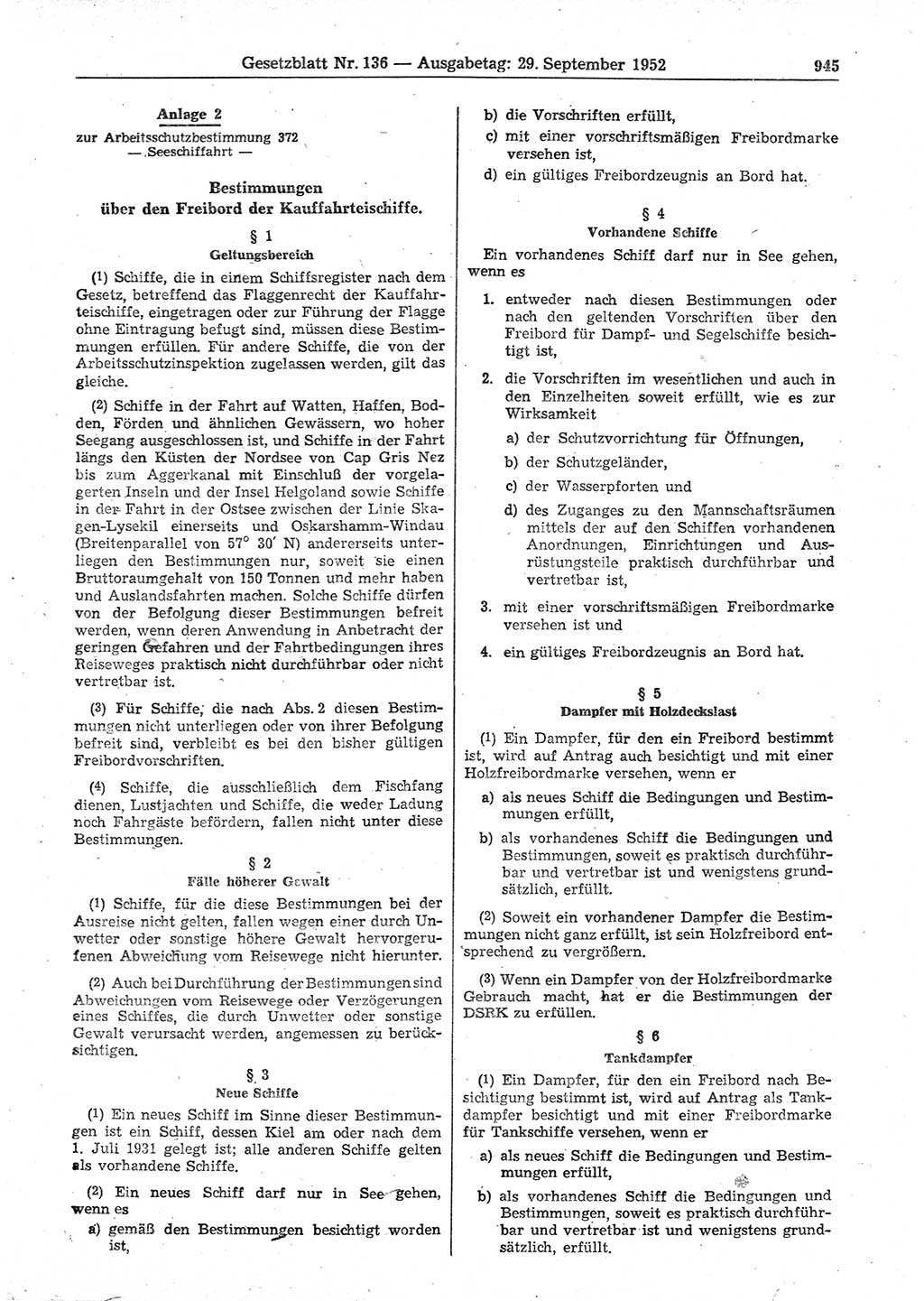 Gesetzblatt (GBl.) der Deutschen Demokratischen Republik (DDR) 1952, Seite 945 (GBl. DDR 1952, S. 945)