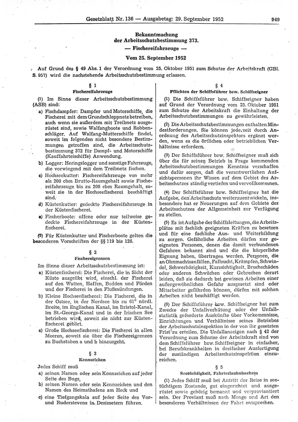 Gesetzblatt (GBl.) der Deutschen Demokratischen Republik (DDR) 1952, Seite 949 (GBl. DDR 1952, S. 949)
