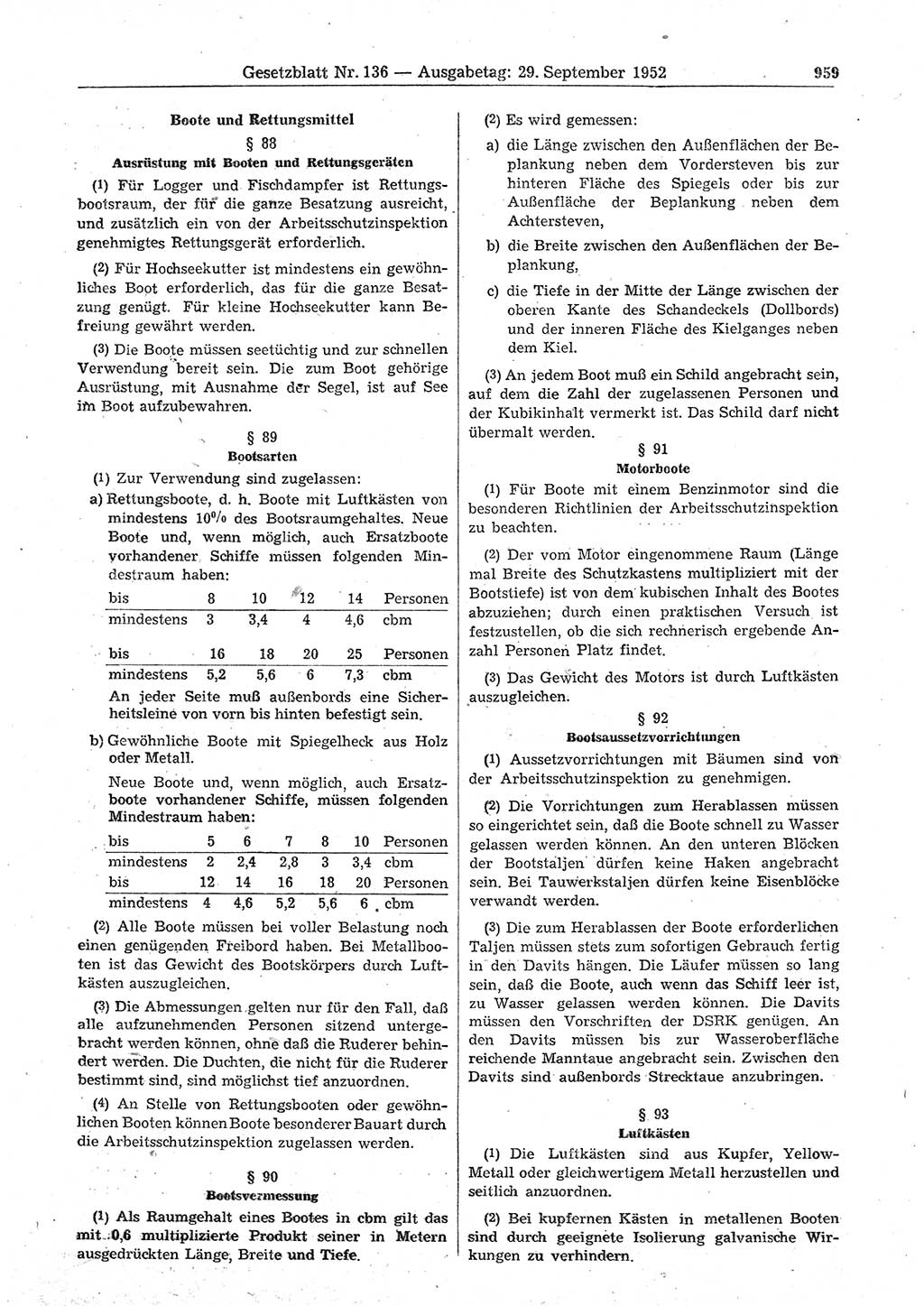 Gesetzblatt (GBl.) der Deutschen Demokratischen Republik (DDR) 1952, Seite 959 (GBl. DDR 1952, S. 959)