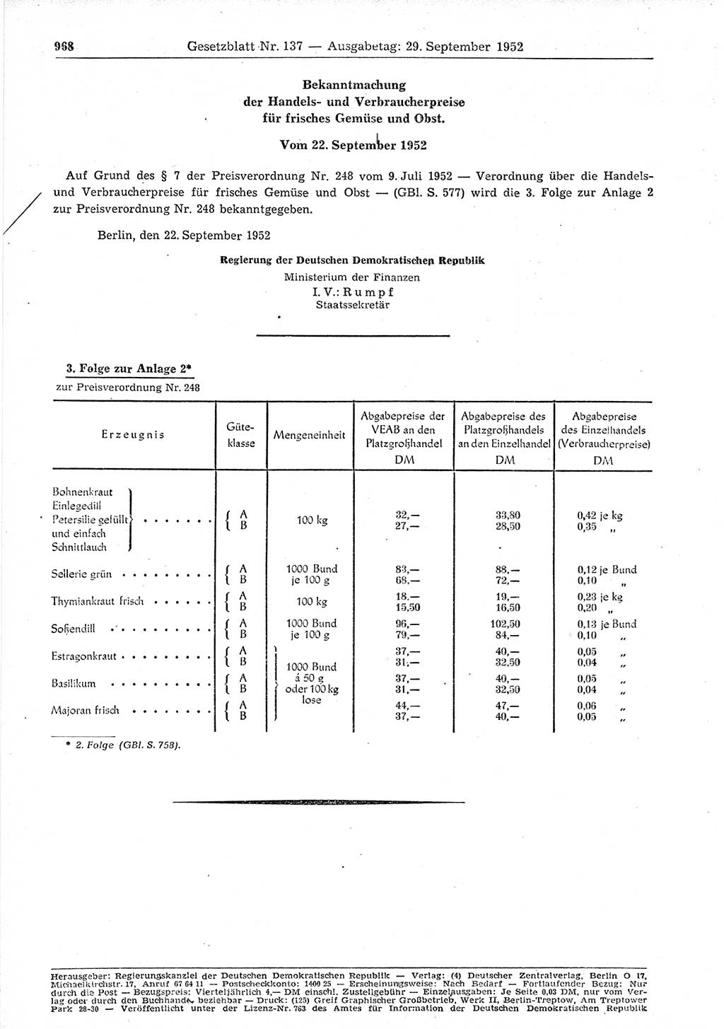 Gesetzblatt (GBl.) der Deutschen Demokratischen Republik (DDR) 1952, Seite 968 (GBl. DDR 1952, S. 968)