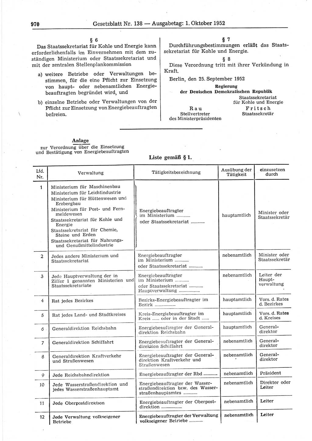 Gesetzblatt (GBl.) der Deutschen Demokratischen Republik (DDR) 1952, Seite 970 (GBl. DDR 1952, S. 970)