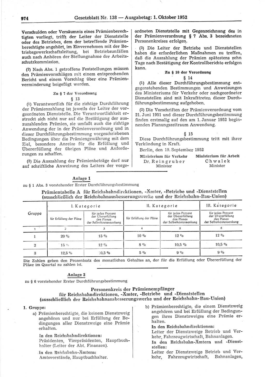 Gesetzblatt (GBl.) der Deutschen Demokratischen Republik (DDR) 1952, Seite 974 (GBl. DDR 1952, S. 974)