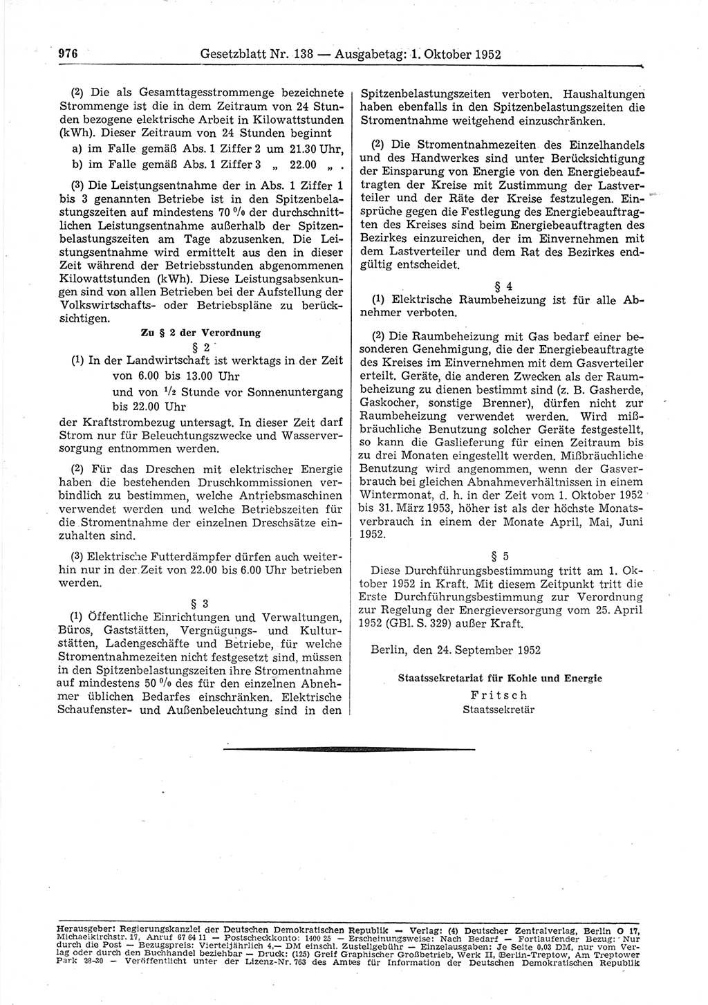 Gesetzblatt (GBl.) der Deutschen Demokratischen Republik (DDR) 1952, Seite 976 (GBl. DDR 1952, S. 976)