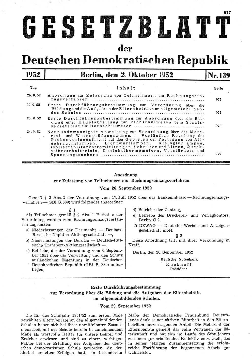Gesetzblatt (GBl.) der Deutschen Demokratischen Republik (DDR) 1952, Seite 977 (GBl. DDR 1952, S. 977)