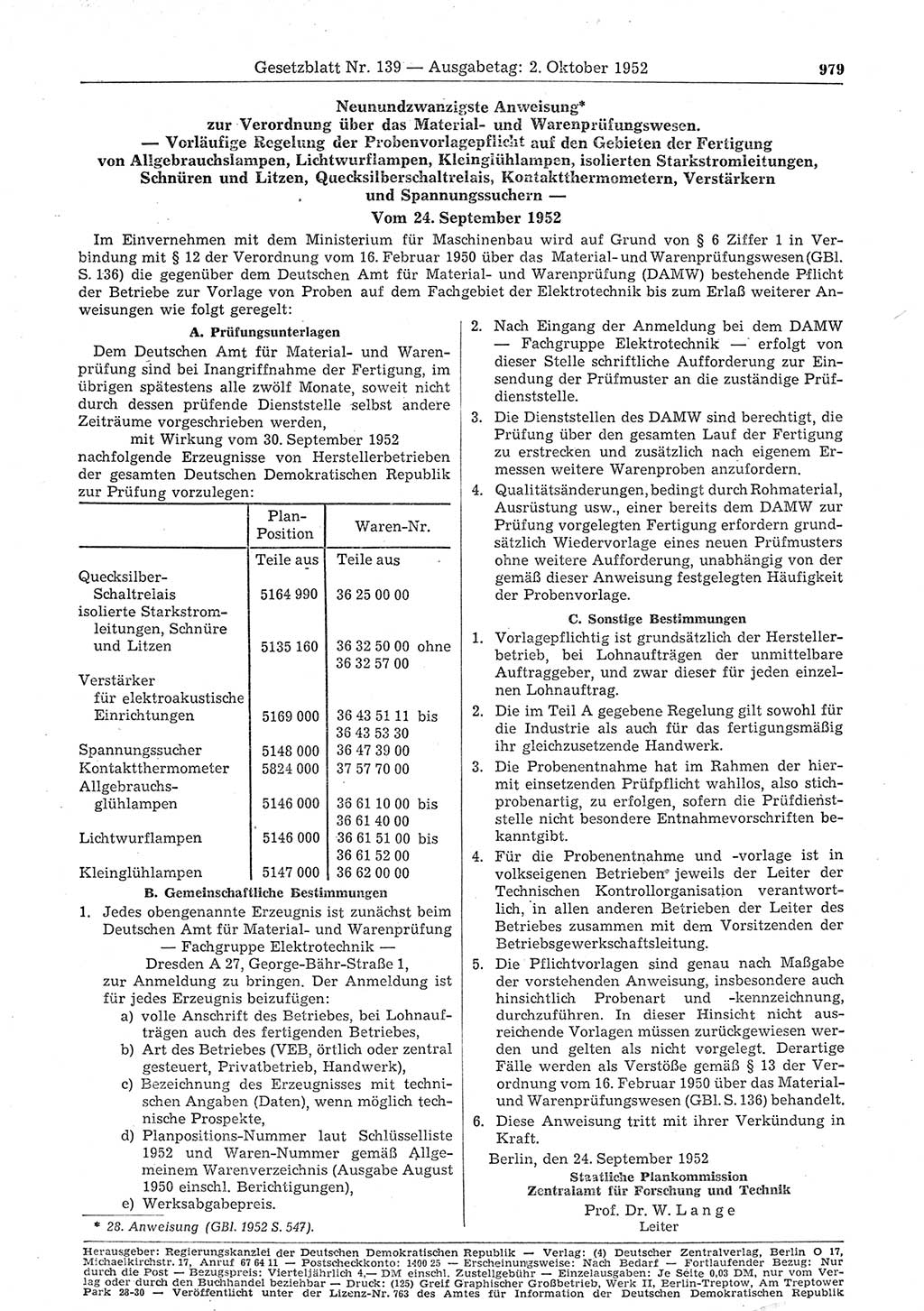 Gesetzblatt (GBl.) der Deutschen Demokratischen Republik (DDR) 1952, Seite 979 (GBl. DDR 1952, S. 979)