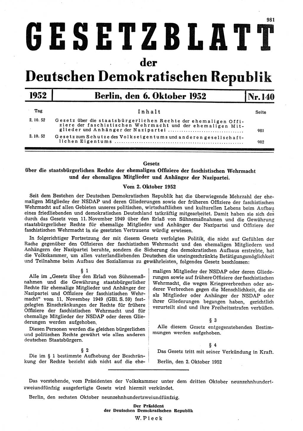 Gesetzblatt (GBl.) der Deutschen Demokratischen Republik (DDR) 1952, Seite 981 (GBl. DDR 1952, S. 981)