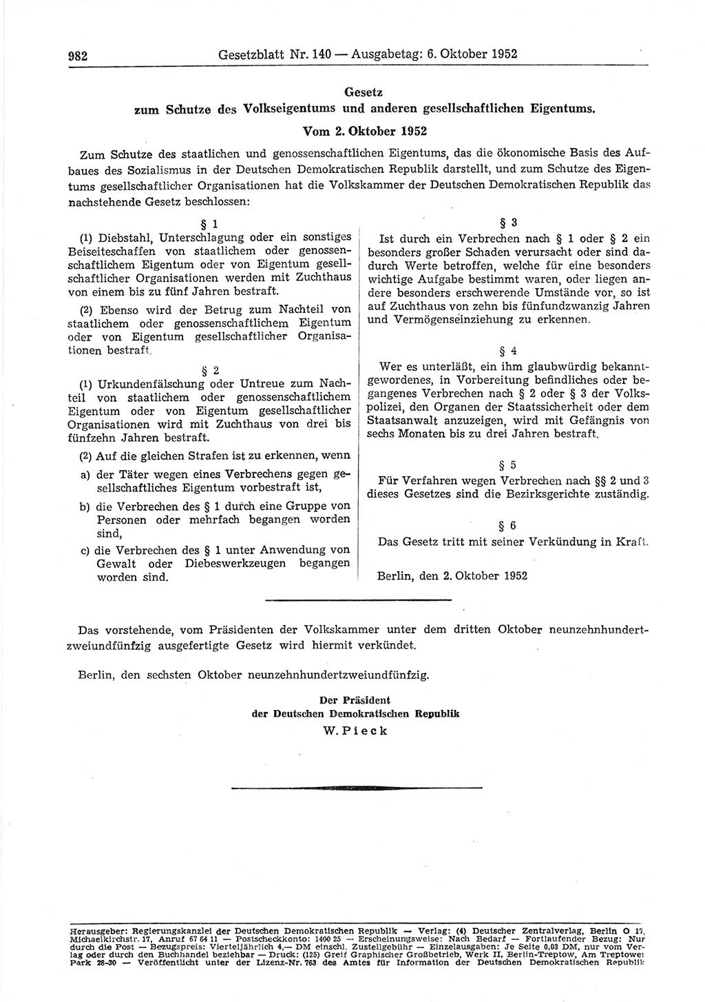 Gesetzblatt (GBl.) der Deutschen Demokratischen Republik (DDR) 1952, Seite 982 (GBl. DDR 1952, S. 982)