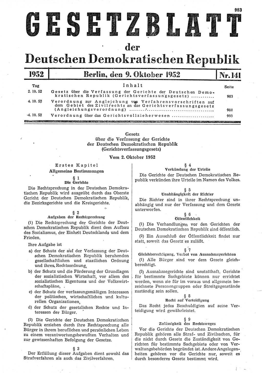 Gesetzblatt (GBl.) der Deutschen Demokratischen Republik (DDR) 1952, Seite 983 (GBl. DDR 1952, S. 983)