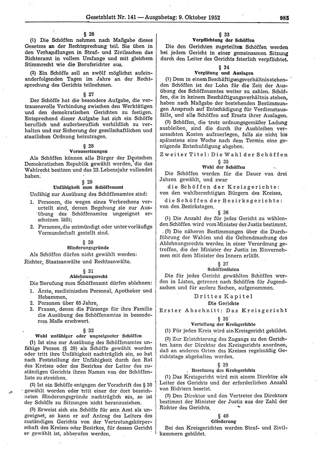 Gesetzblatt (GBl.) der Deutschen Demokratischen Republik (DDR) 1952, Seite 985 (GBl. DDR 1952, S. 985)