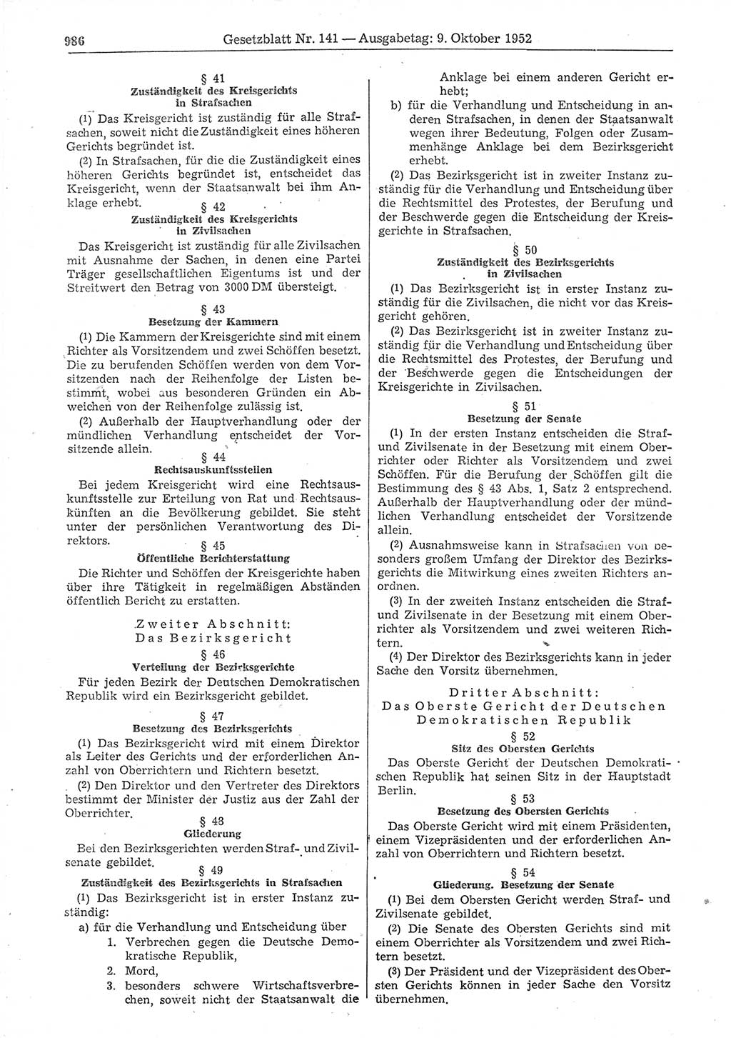 Gesetzblatt (GBl.) der Deutschen Demokratischen Republik (DDR) 1952, Seite 986 (GBl. DDR 1952, S. 986)