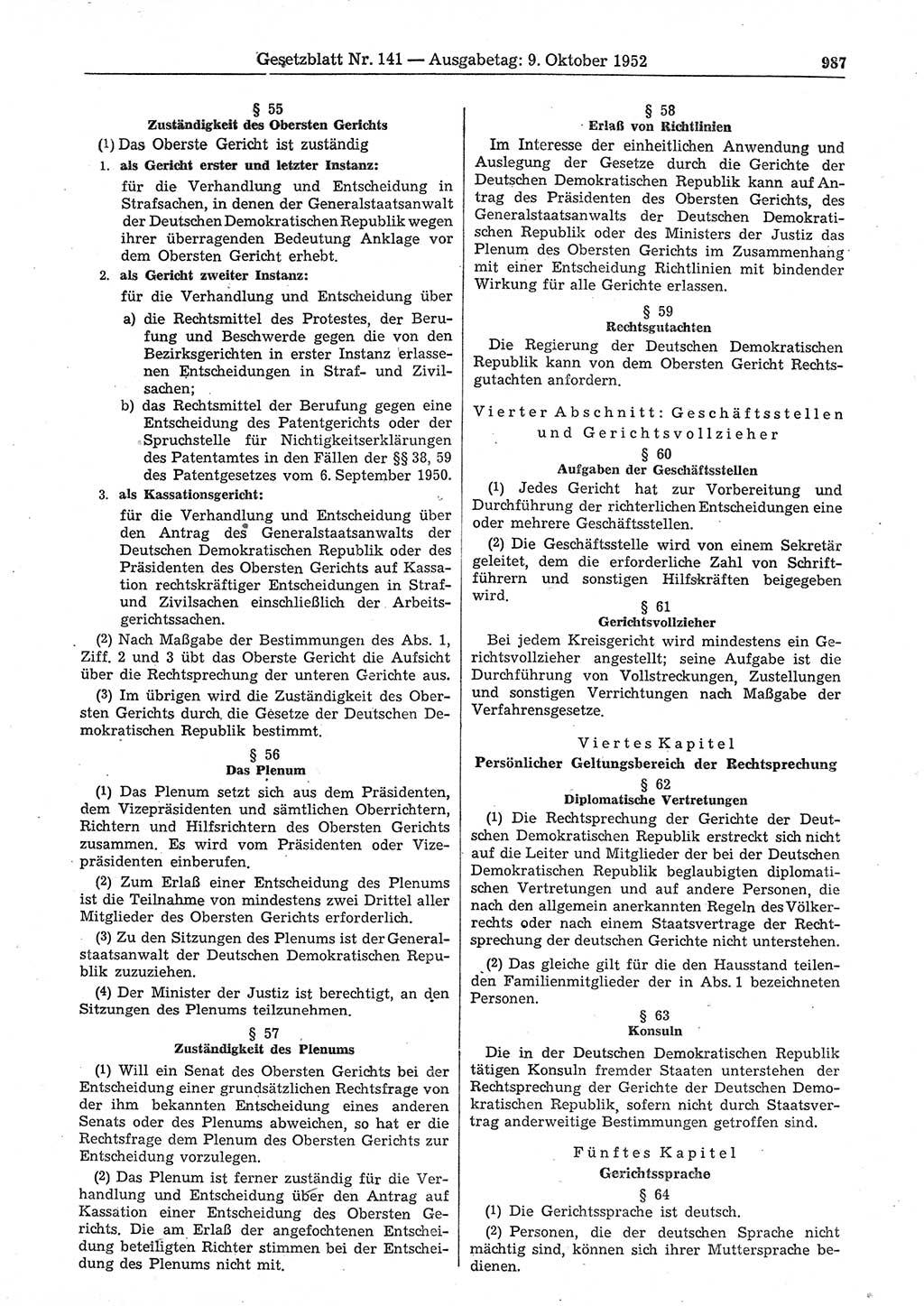 Gesetzblatt (GBl.) der Deutschen Demokratischen Republik (DDR) 1952, Seite 987 (GBl. DDR 1952, S. 987)