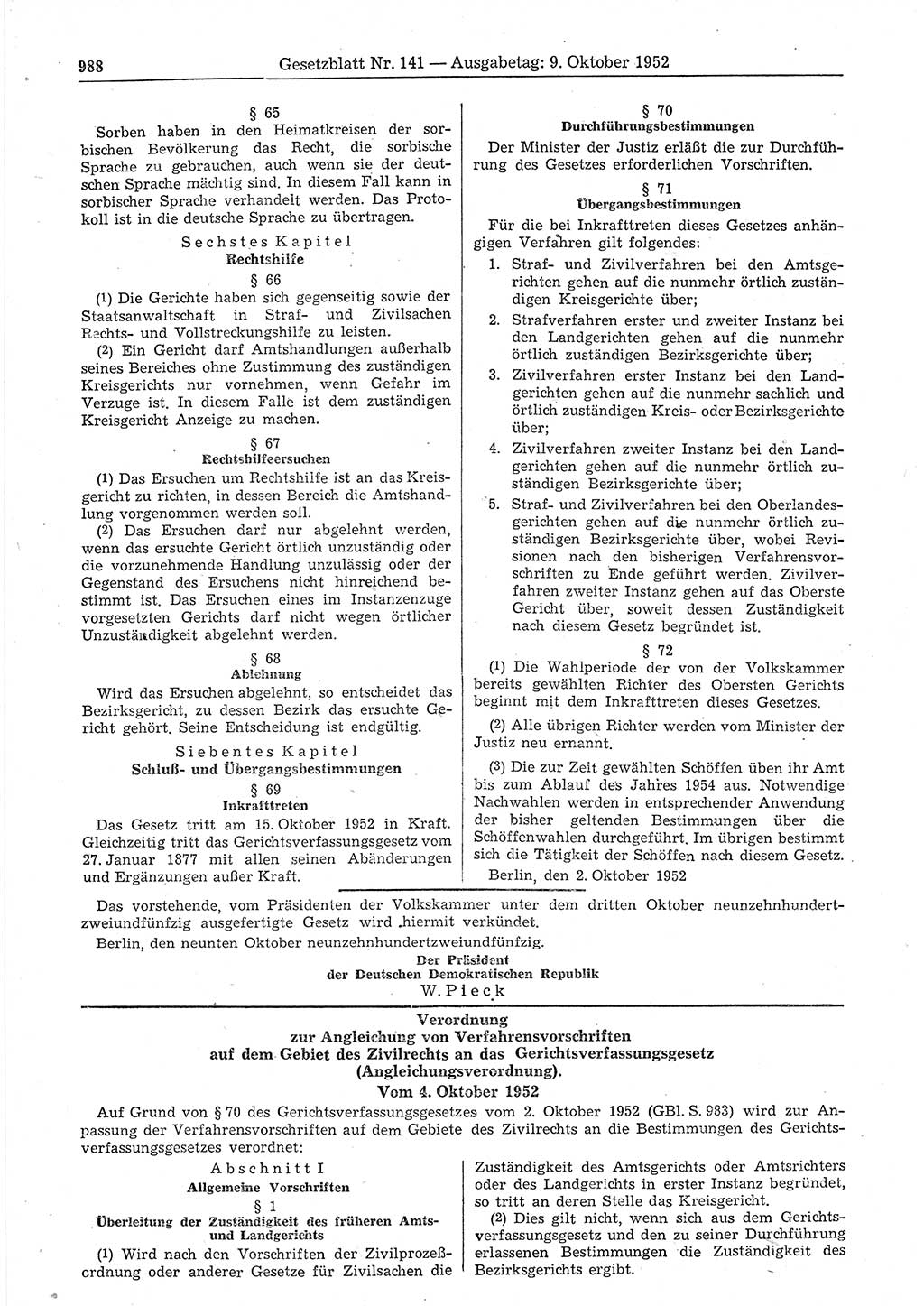 Gesetzblatt (GBl.) der Deutschen Demokratischen Republik (DDR) 1952, Seite 988 (GBl. DDR 1952, S. 988)