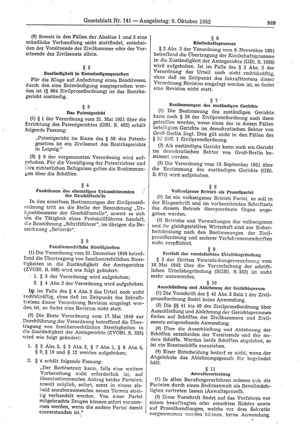 Gesetzblatt (GBl.) der Deutschen Demokratischen Republik (DDR) 1952, Seite 989 (GBl. DDR 1952, S. 989)