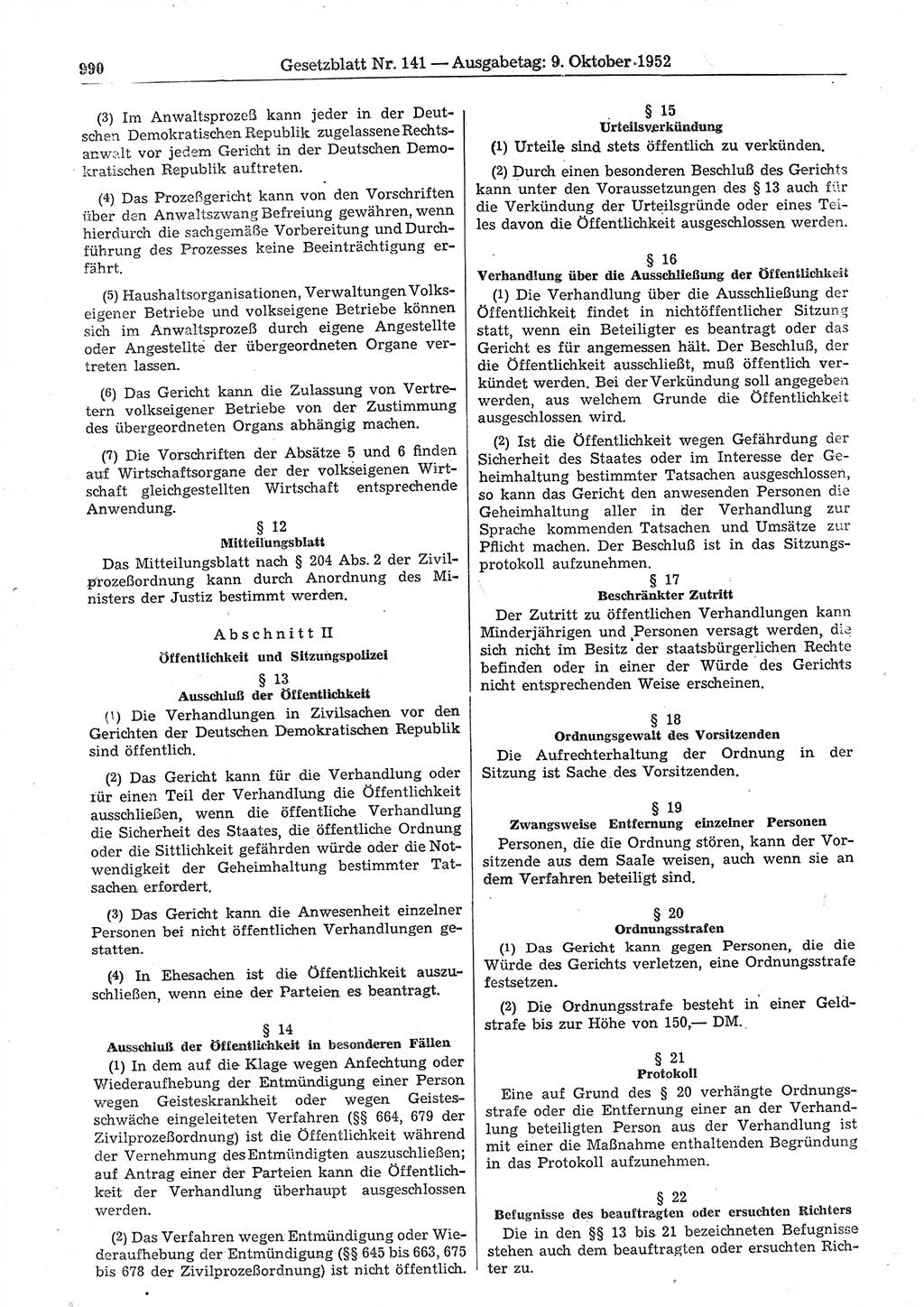 Gesetzblatt (GBl.) der Deutschen Demokratischen Republik (DDR) 1952, Seite 990 (GBl. DDR 1952, S. 990)