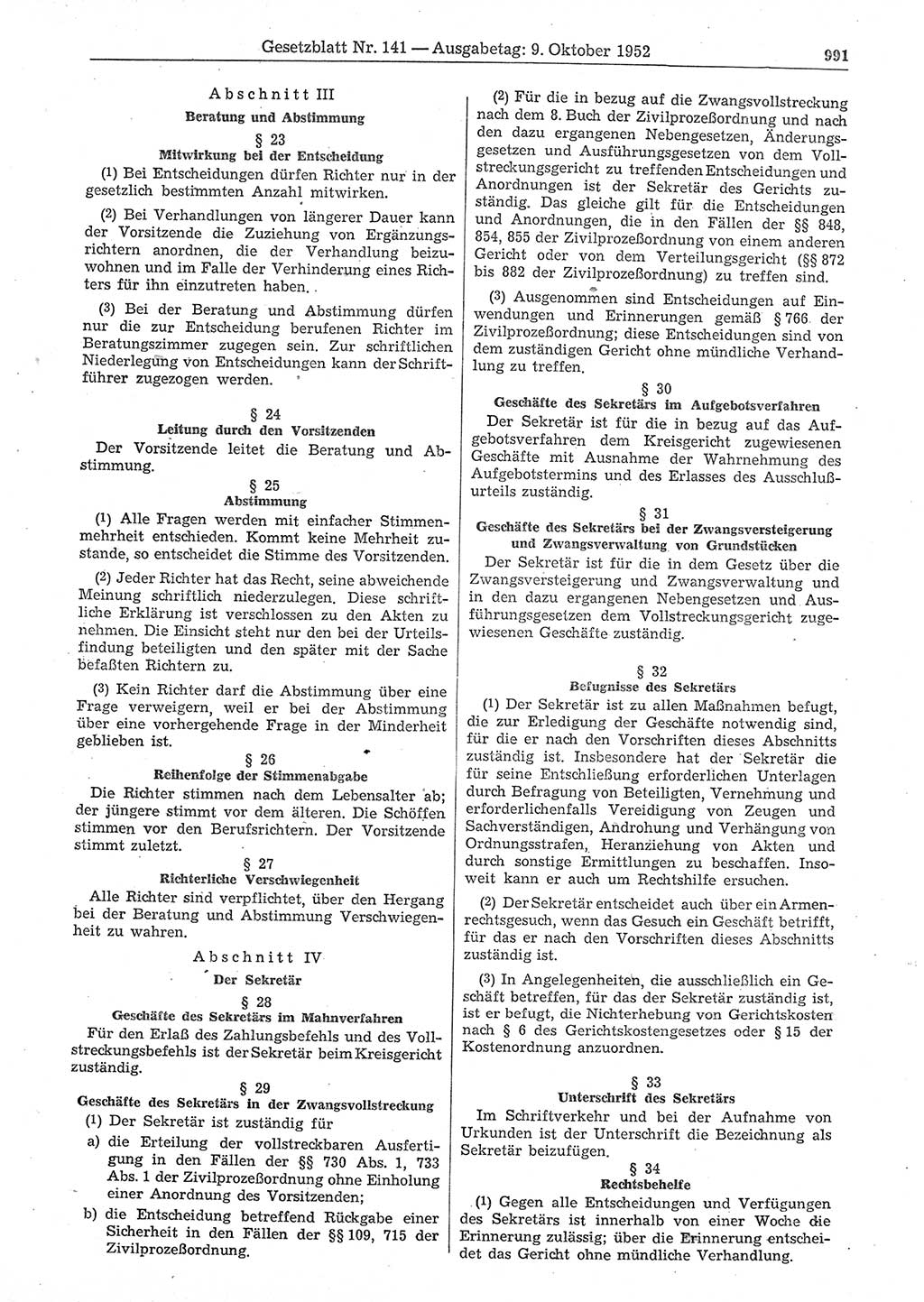 Gesetzblatt (GBl.) der Deutschen Demokratischen Republik (DDR) 1952, Seite 991 (GBl. DDR 1952, S. 991)