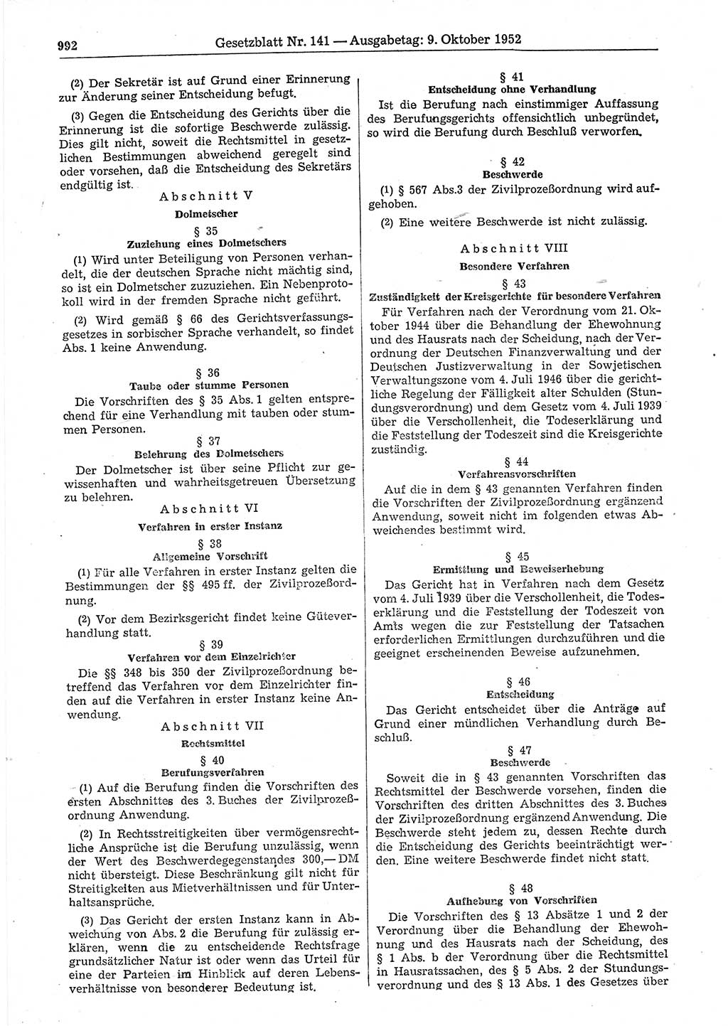 Gesetzblatt (GBl.) der Deutschen Demokratischen Republik (DDR) 1952, Seite 992 (GBl. DDR 1952, S. 992)