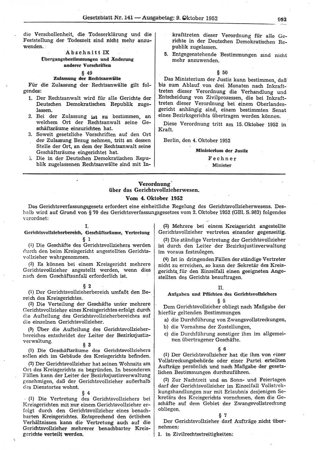 Gesetzblatt (GBl.) der Deutschen Demokratischen Republik (DDR) 1952, Seite 993 (GBl. DDR 1952, S. 993)