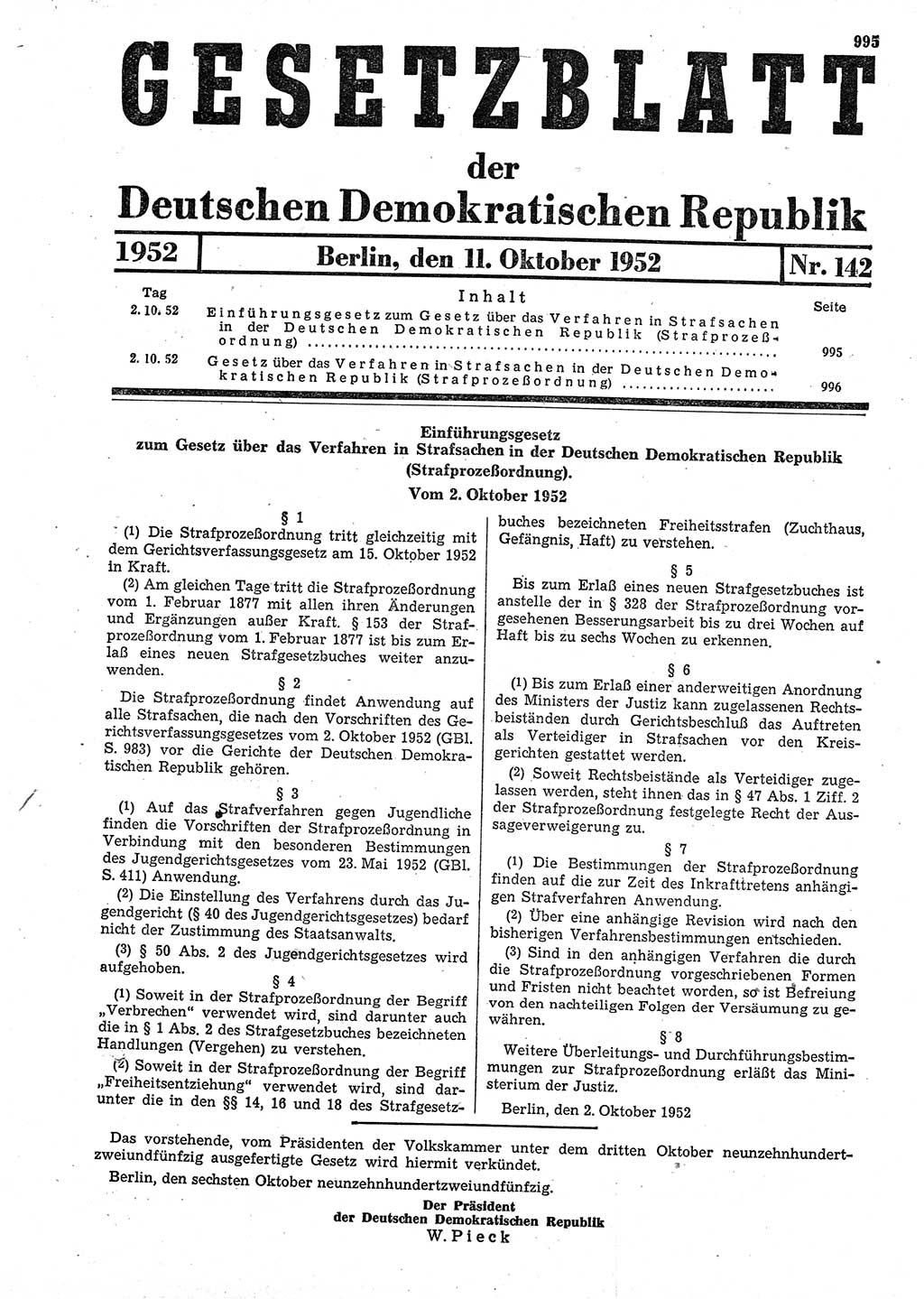 Gesetzblatt (GBl.) der Deutschen Demokratischen Republik (DDR) 1952, Seite 995 (GBl. DDR 1952, S. 995)