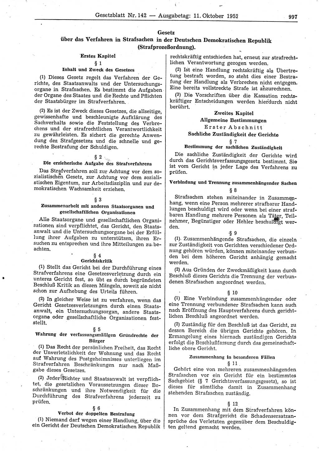 Gesetzblatt (GBl.) der Deutschen Demokratischen Republik (DDR) 1952, Seite 997 (GBl. DDR 1952, S. 997)
