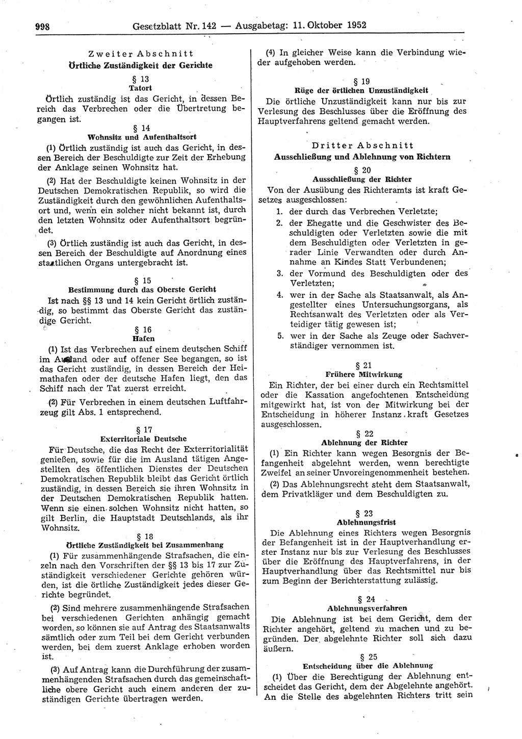Gesetzblatt (GBl.) der Deutschen Demokratischen Republik (DDR) 1952, Seite 998 (GBl. DDR 1952, S. 998)