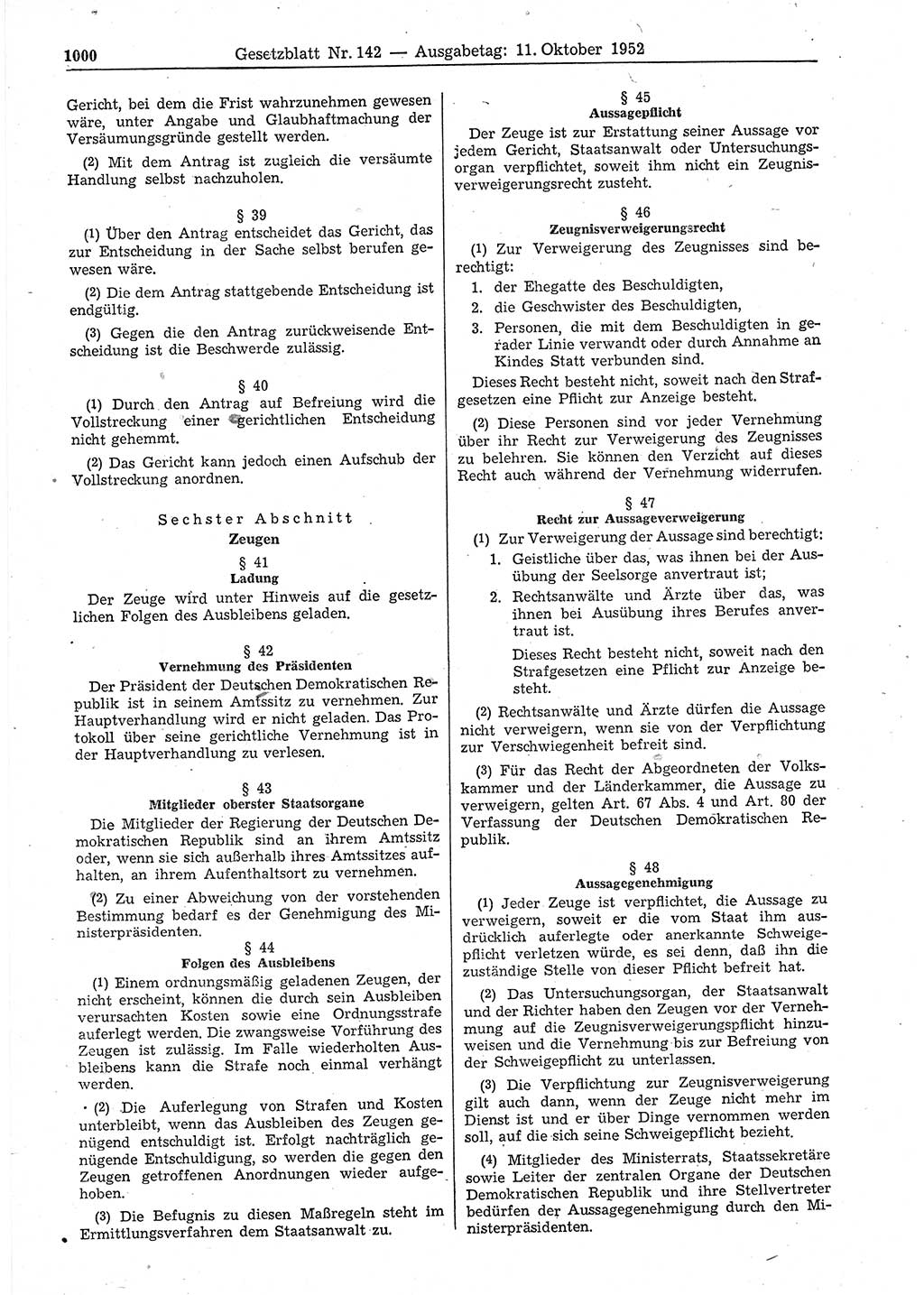 Gesetzblatt (GBl.) der Deutschen Demokratischen Republik (DDR) 1952, Seite 1000 (GBl. DDR 1952, S. 1000)